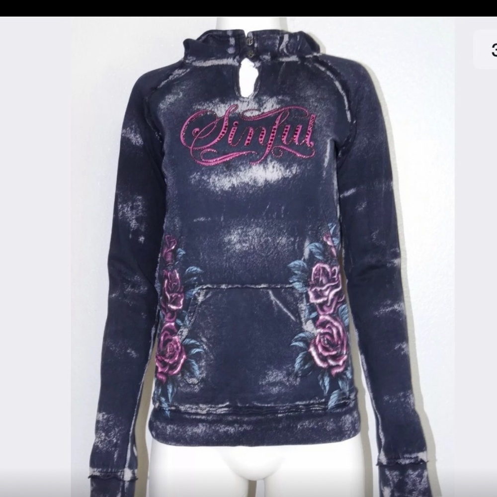 - Sinful Hooded Sweater Roses & Cross Rhinestone M - Picture 2 of 7
